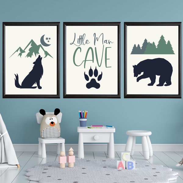 Little Man Cave Boy's Wall Art Set of 3 Prints | Printable Playroom Art | Rustic Nursery Bear Wolf Art Printables | Forest Theme Boy Art