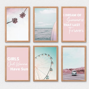 Set of 6 Teen Girl Bedroom Blush Beach Summer Retro California Wall Art | DIGITAL PRINTS | Dorm Room Printable Art | Palm Tree Surf Board