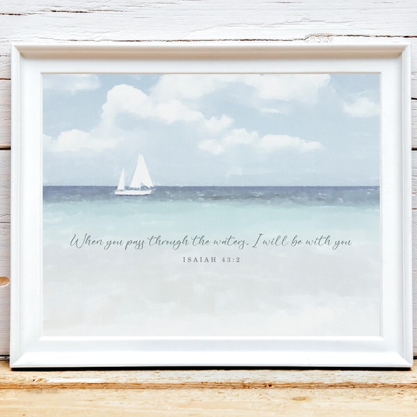 Sailboat Beach House Bible Verse Wall Art Decor | DIGITAL PRINT | Coastal Sea Art Prints | Watercolor Ocean Art | Christian Scripture Signs