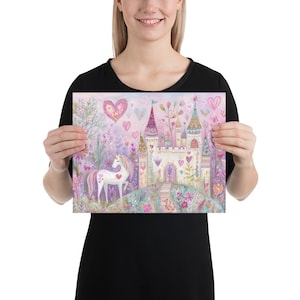 Whimsical Unicorn Castle Wall Art, Fairy Tale Nursery Print, Pastel Valentine Unicorn Art for Girls Room, Magical Fantasy Decor