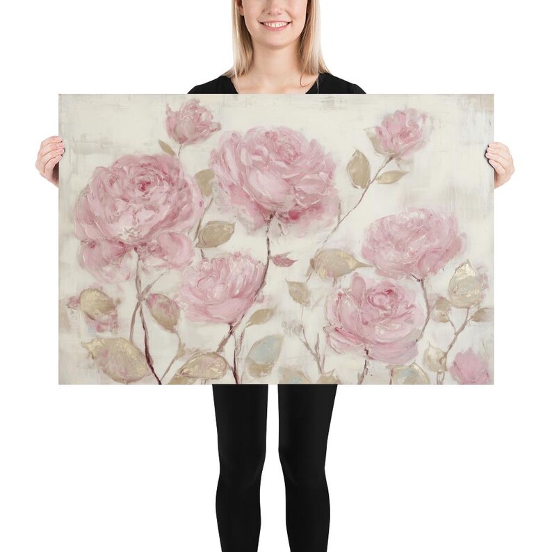 May include: A large canvas print featuring a floral design of pink roses. The roses have multiple layers of petals and are set against a neutral background with muted tones. The artwork has a vintage, painterly style.