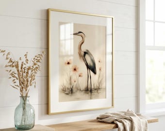 Great Blue Heron Wall Art Print - Minimalist Water Bird Painting - Coastal Bird Artwork - Beach House Decor - Bird Lover Gift - Wedding Gift
