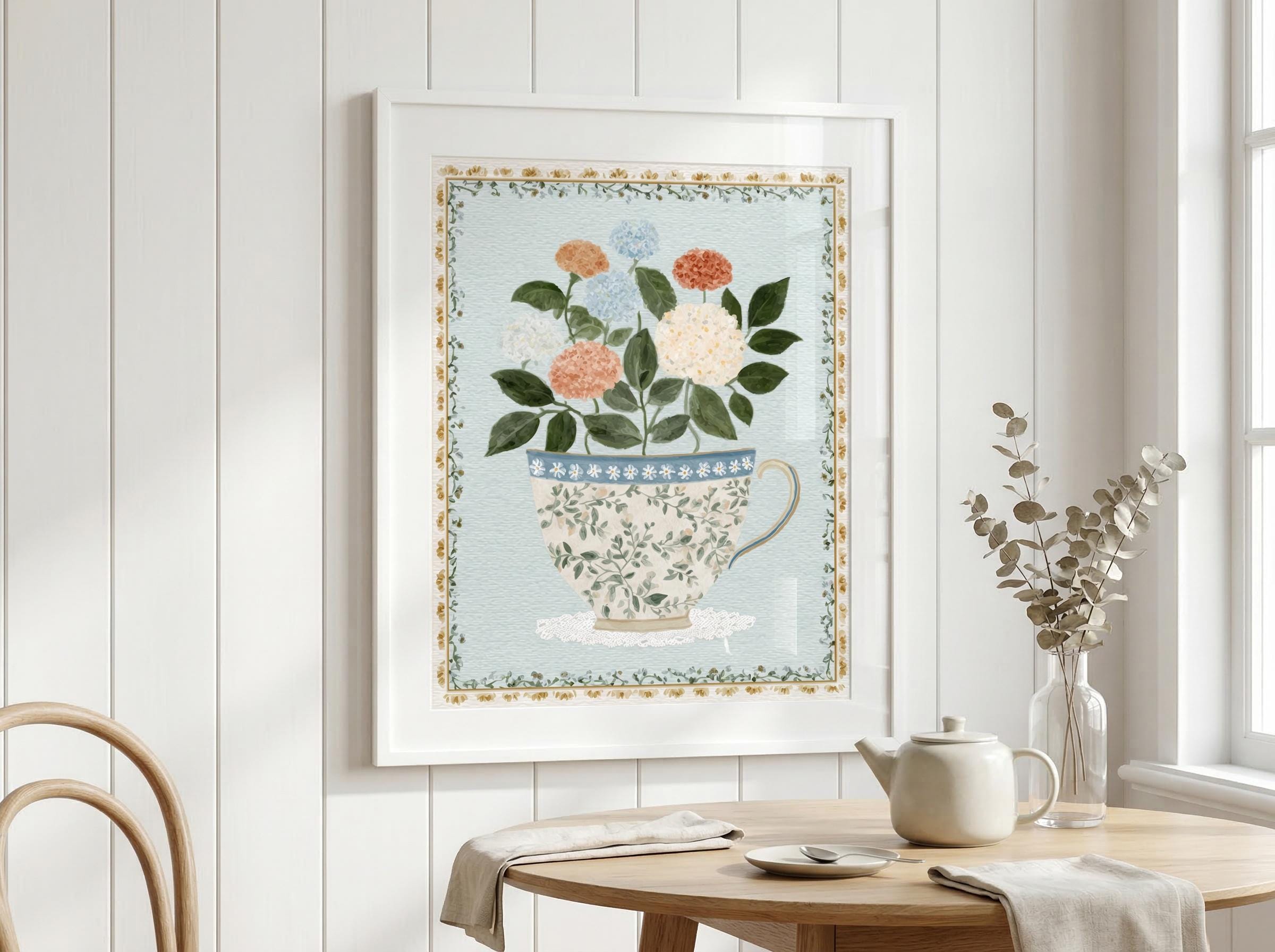 その他 R**** Teacup Hydrangea Print: Pastel Cottagecore Floral Wall Art
