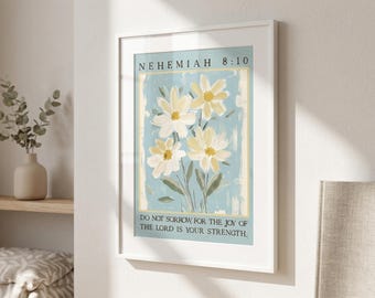 Nehemiah 8:10 Bible Verse Wall Art, Joy of the Lord Scripture Print, Christian Verse Digital Download, Pastel Faith Quote Decor, Cottagecore