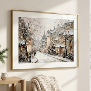 Romantic Winter Village Print, Christmas Street Scene Poster, Cozy Snowy Town Wall Art, Holiday Decor, Christmas Wall Print, Mantel Print