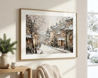 Romantic Winter Village Print, Christmas Street Scene Poster, Cozy Snowy Town Wall Art, Holiday Decor, Christmas Wall Print, Mantel Print