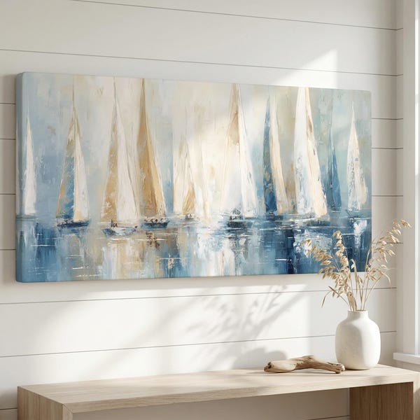 Abstract Sailboat Canvas Wall Art | Coastal Blue Nautical Decor | Modern Ocean Painting Print | Large Horizontal Seascape Canvas