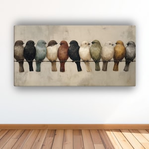 Colorful Birds Painting on Canvas Print, Rustic Farmhouse Wall Art, Neutral Pastel Bird Decor, Earth Tone Bird Painting, Bird Lover Gift