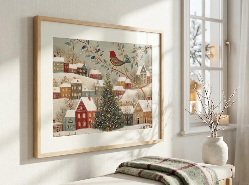 May include: A framed horizontal wall art print depicting a winter village scene with snow-covered houses, a central decorated Christmas tree, and a red bird perched on a branch. The artwork features a muted colour palette with soft tones of white, grey, and red.