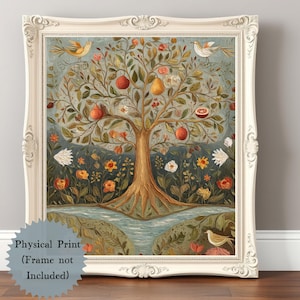 Póster impreso en papel de calidad del Museo del Árbol de la Vida, estilo de pintura al óleo caprichosa, obra de arte popular vintage con aves coloridas, arte mural botánico.