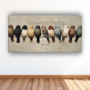 Psalm 91:4 Canvas Wall Art, Colorful Birds Bible Verse Print, Christian Home Decor, Rustic Scripture Art, Inspirational Religious Gift