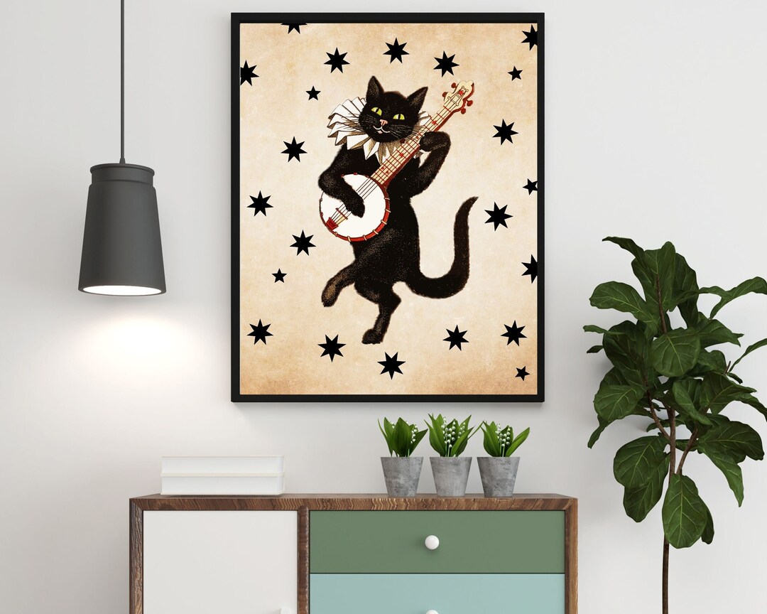 Vintage Black Cat Printable Wall Art Retro Cat Playing Banjo With Stars ...