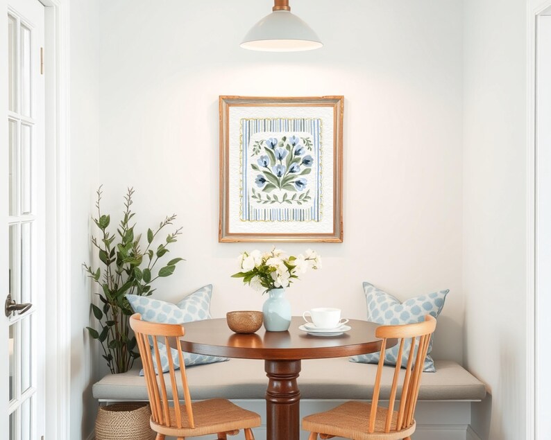 Puede incluir: Un rinc&oacute;n de comedor acogedor con una mesa redonda de madera y dos sillas de madera. Una impresi&oacute;n floral enmarcada cuelga de la pared, y un jarr&oacute;n con flores blancas est&aacute; sobre la mesa. Dos cojines azules estampados descansan en un banco.