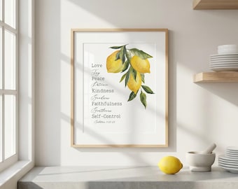 Impresión del Fruto del Espíritu: Limones en acuarela, decoración cristiana para la cocina, arte mural sobre Gálatas (descarga digital)
