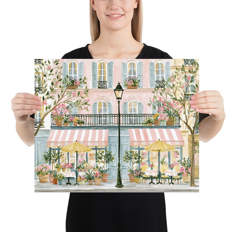 Paris Cafe Wall Art Print ~ Romantic French Flower Market Poster | Cottagecore Parisian Decor for Feminine Bedroom & Shabby Chic Home 16″×20″