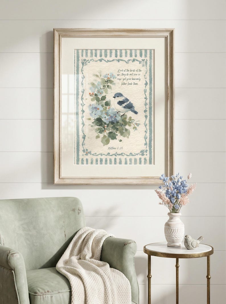Bluebird With Scripture Bluebird Watercolor Scripture Print - Matthew 6:26 Nursery Decor ...