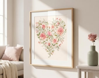Floral Heart Art Print, Wedding Day Wall Art, Pink Rose Heart Wall Art, Romantic Home Decor, Cottagecore Print, Gift For Married Couple