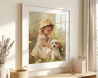 Vintage Girl and Puppy in Floral Meadow Print: Cottagecore Nursery Art,  Dog with Child Painting (Digital Download)