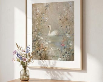 White Swan on Lake Oil Painting Wall Art Print, Vintage Floral Artwork, Cottagecore Lake Print, Neutral Rustic Decor, Swan Print Wall Art