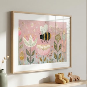 Decorazione murale con ape bizzarra – Stampa floreale pastello per cameretta dei bambini, decorazione boho per cameretta dei bambini nei toni del rosa e del verde (stampa fisica spedita per posta) immagine 7