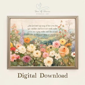 Revelation 21:4 Wildflower Landscape Bible Verse Print |  Oil Painting | Vintage Cottage Style Scripture Artwork | Christian Sympathy Gift
