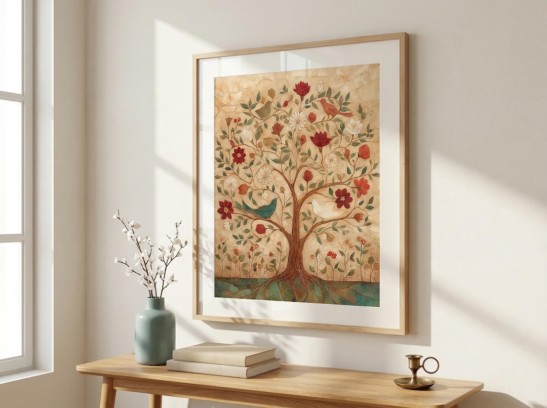 Tree of Life Oil Painting Print: Vintage Birds Botanical Folk Art ...