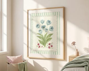 Grandmillennial Floral Art Print – Blue Tulip Digital Wall Art, Vintage-Inspired Botanical Print, Green Stripe Preppy Decor