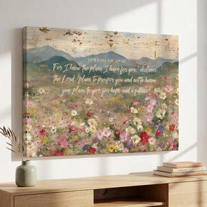 Impresión artística en lienzo de Jeremías 29:11 / Escritura rústica de flores silvestres / Arte mural grande con versículo bíblico y paisaje / Sé los planes que tengo para ti