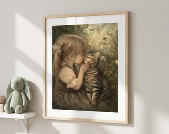 Vintage Girl and Cat Oil Painting Print: Whimsical Cottagecore Nursery Art (Digital Download)
