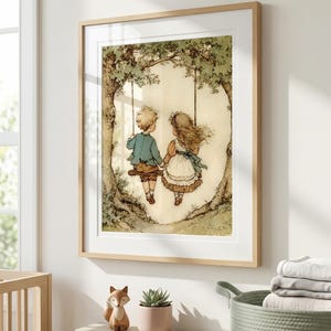 Vintage Storybook Art, Whimsical Kids Wall Art, Vintage Nursery Decor, Playroom Art, Vintage Baby Boy and Baby Girl Painting, Small Print image 1