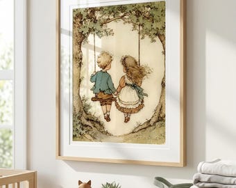 Arte de cuentos vintage, arte mural infantil, decoración vintage para guardería, arte para sala de juegos, cuadro vintage de bebé niño y niña, letra pequeña