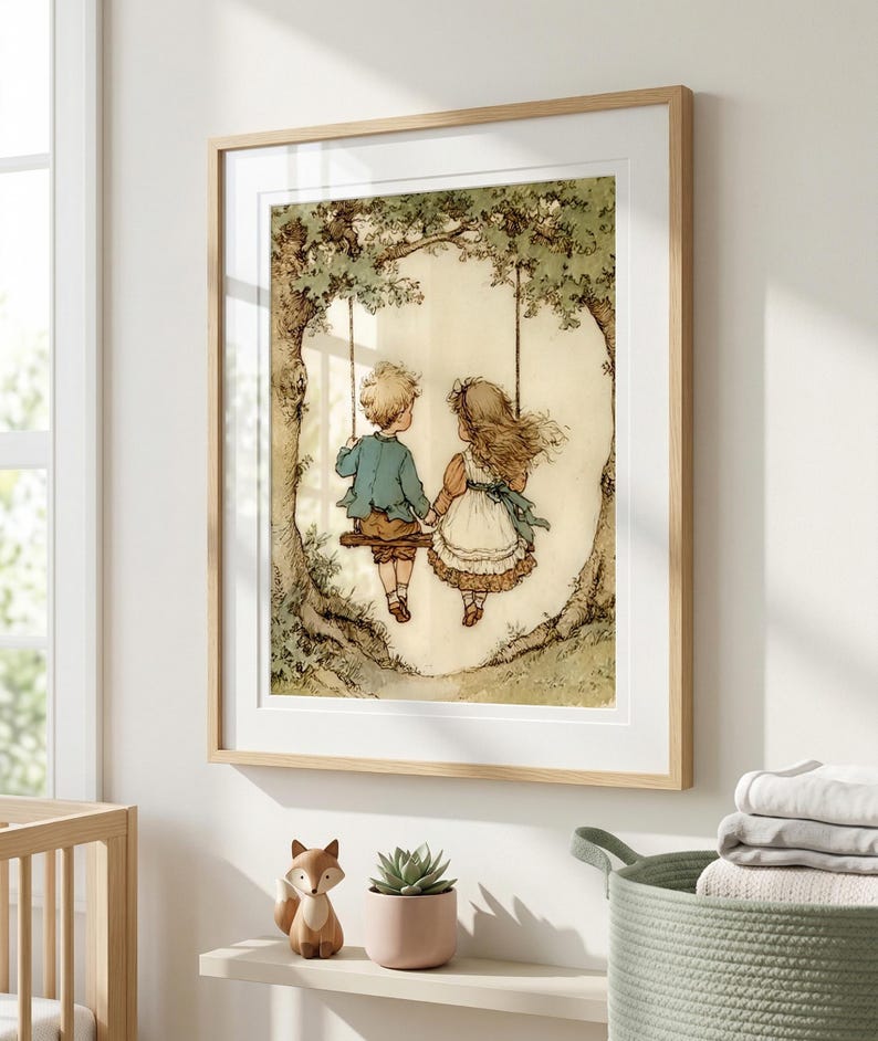 Vintage Storybook Art, Whimsical Kids Wall Art, Vintage Nursery Decor, Playroom Art, Vintage Baby Boy and Baby Girl Painting, Small Print image 1