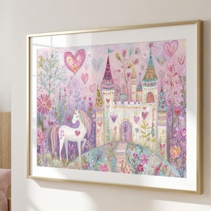 May include: A framed wall art print featuring a white unicorn standing in a garden with a castle in the background. The scene is filled with pink and purple hearts, colourful flowers, and tall towers. The artwork is encased in a thin gold frame.