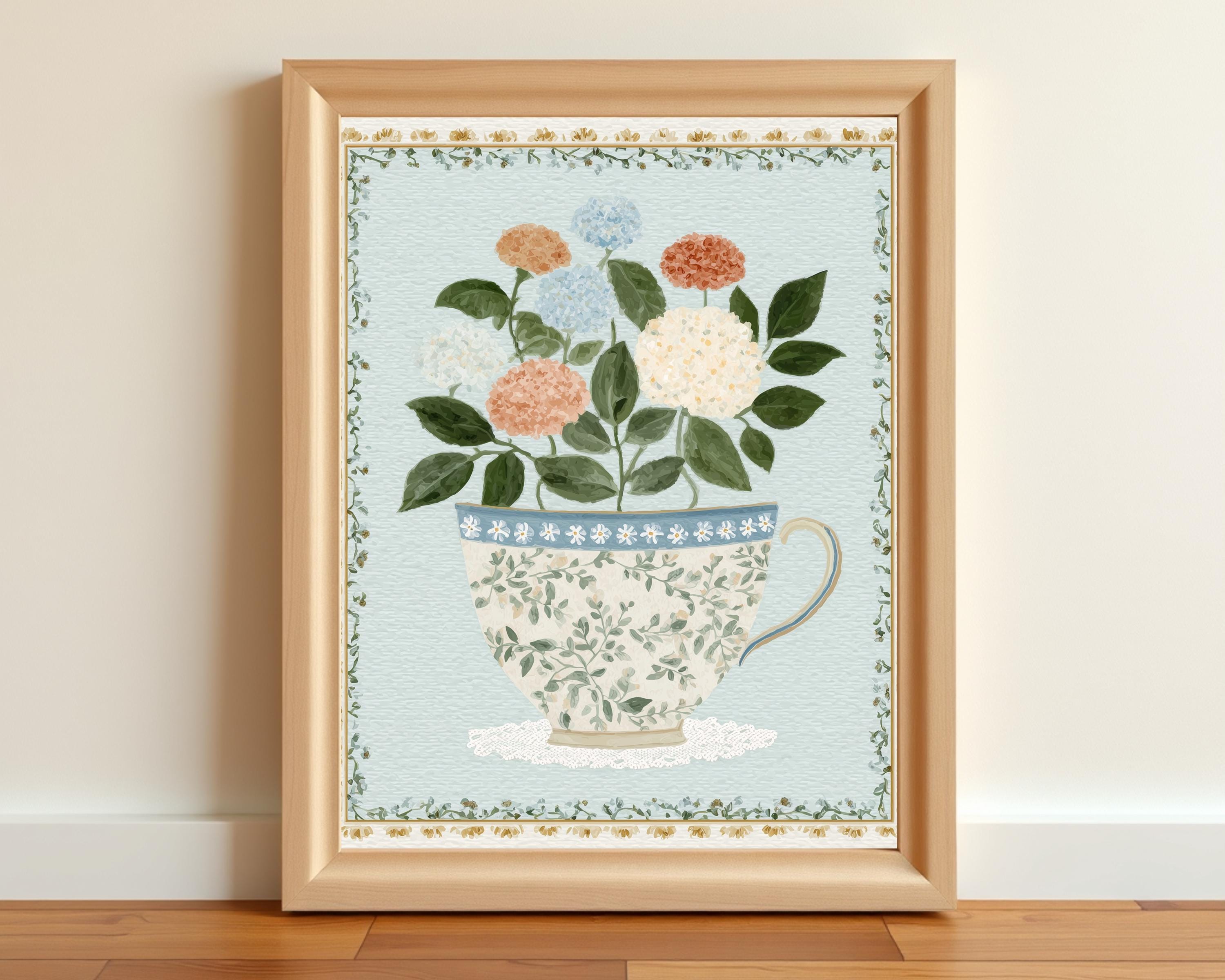 Teacup Hydrangea Print: Pastel Cottagecore Floral Wall Art