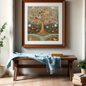 May include: A framed painting of a stylised tree with fruit, flowers, and birds on a blue background. The tree is brown and has a thick trunk. The frame is brown wood.