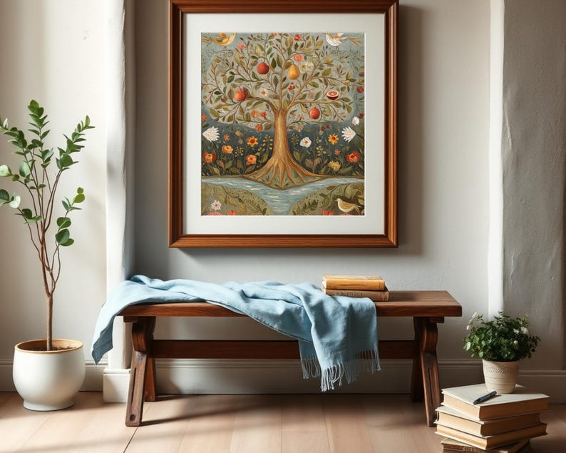 May include: A framed painting of a stylised tree with fruit, flowers, and birds on a blue background. The tree is brown and has a thick trunk. The frame is brown wood.