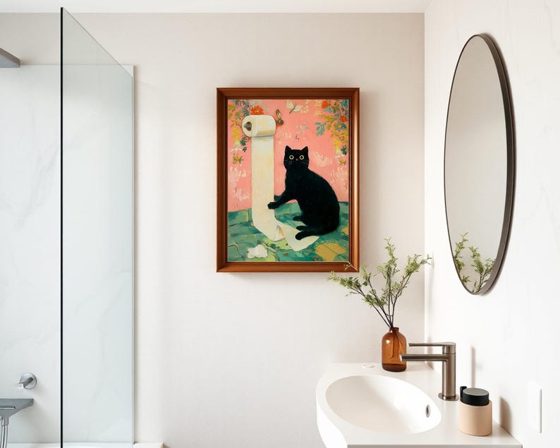 Bathroom Wall Art - Funny Black Cat Toilet Paper Print, Silly Cat Print ...