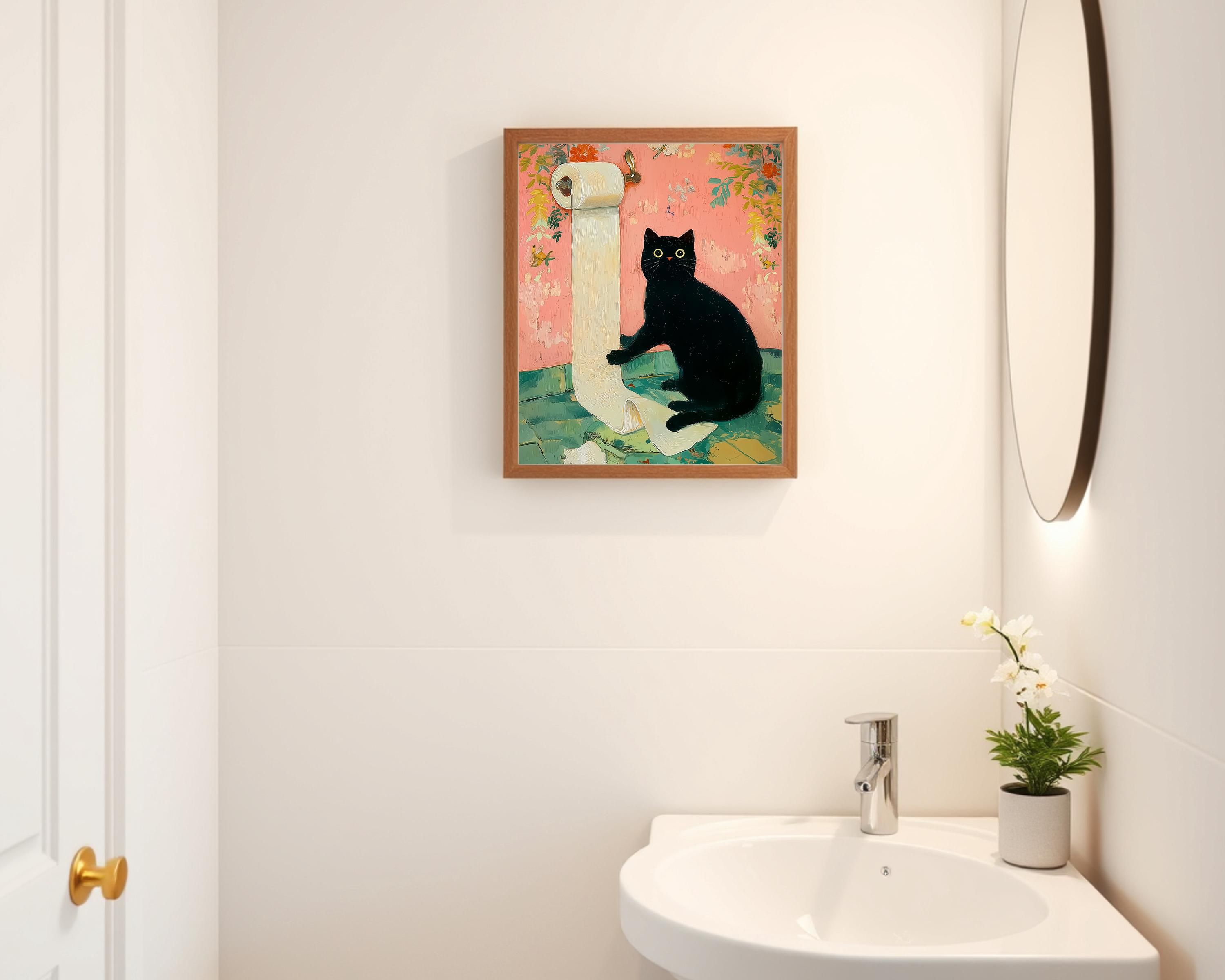 Bathroom Wall Art - Funny Black Cat Toilet Paper Print, Silly Cat Print ...