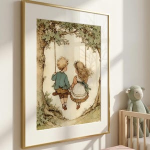 Vintage Storybook Art, Whimsical Kids Wall Art, Vintage Nursery Decor, Playroom Art, Vintage Baby Boy and Baby Girl Painting, Small Print image 4