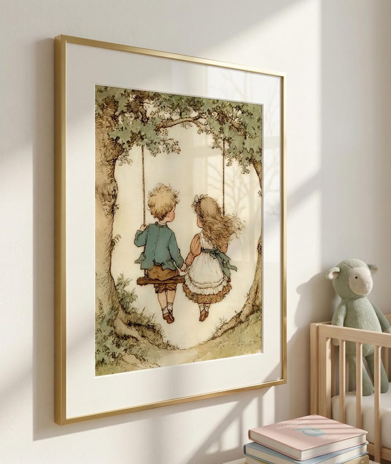 Vintage Storybook Art, Whimsical Kids Wall Art, Vintage Nursery Decor, Playroom Art, Vintage Baby Boy and Baby Girl Painting, Small Print image 4