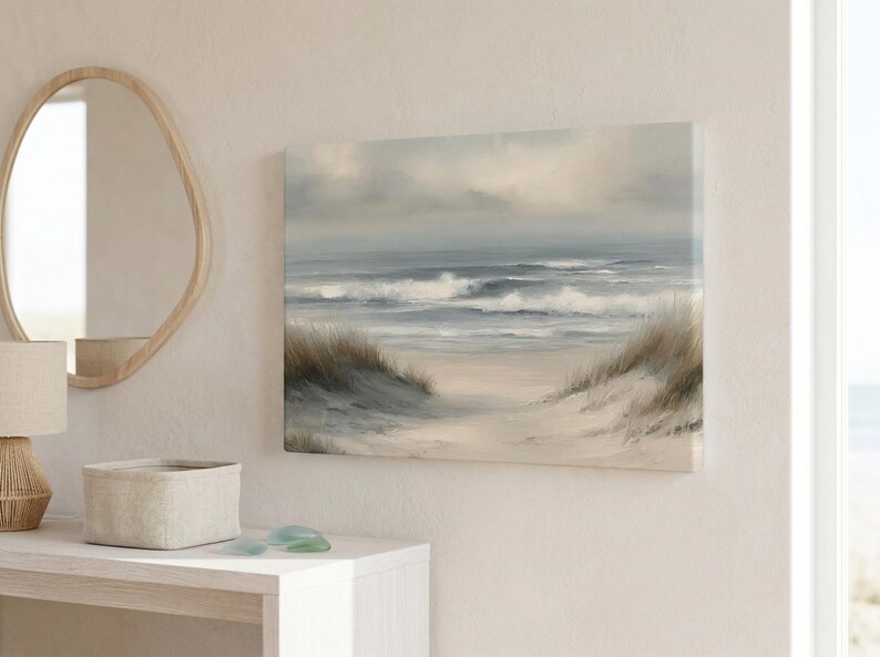 Vintage Coastal Beach Canvas Art, Serene Ocean Print, Sand Dune Artwork, Pastel Beach House Decor, Summer Beach House Print, Beach Canvas image 12