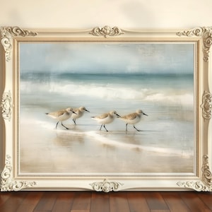 Sandpiper Oil Painting, Vintage Shore Bird Art, Pastel Seascape Artwork, Printable Beach house Art, Vacation Home Wall Art, Serene Ocean