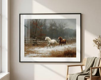 Gemälde Kunst Pferde, Winterpferdewanddekor, rustikaler Wanddruck, Winterpferdedekor, Weihnachtsgeschenk, Gastgebendes Dekor, verschneite Landschaftskunst