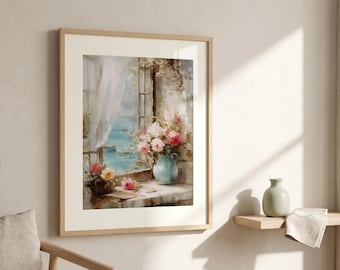 Cuadro romántico de velero con motivos florales: Arte costero vintage estilo cottagecore, lámina de estilo shabby chic en tonos pastel para casa de playa (descarga digital)