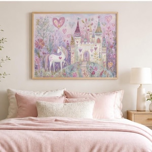 Unicorn Wall Art, Whimsical Castle Painting, Fairy Tale Nursery Art, Watercolors Unicorn Art for Girls Room, Pink Magical Fantasy Decor image 2