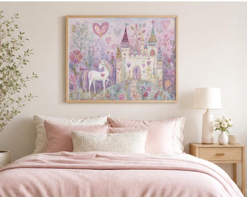 Unicorn Wall Art, Whimsical Castle Painting, Fairy Tale Nursery Art, Watercolors Unicorn Art for Girls Room, Pink Magical Fantasy Decor image 2