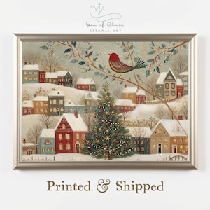Folk Art Christmas Village Print, Nostalgic Winter Scene, Cozy Wall Decor, Christmas Gift For Host, Housewarming Gift, Winter Landscape Art