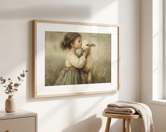 Vintage Girl with Lamb Print: Pastoral Nursery Wall Art (Digital Download)