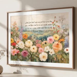 Revelation 21:4 Wildflower Landscape Bible Verse Print, Christian Oil Painting Art, Vintage Cottage Scripture Artwork, Christian Gift