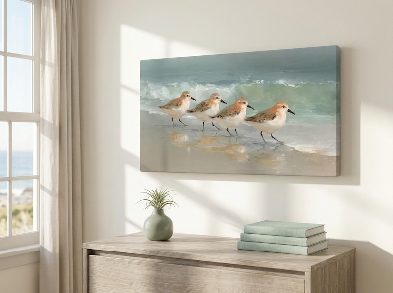 Sandpiper Beach Canvas Wall Art ~ Vintage Coastal Bird Print ~ Coastal Beach House Decor for Living Room ~ Nursery Bird Artwork Gift image 3